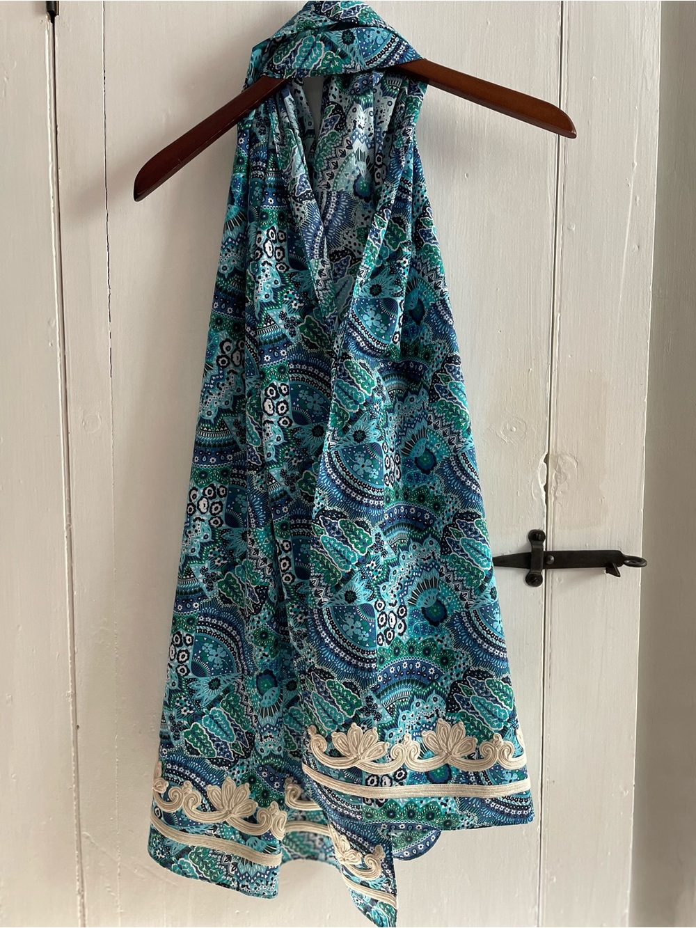 LIBERTY FABRIC Teal & Navy Boho Floral Scarf Cream Embroidered Trim APX 24βx72β